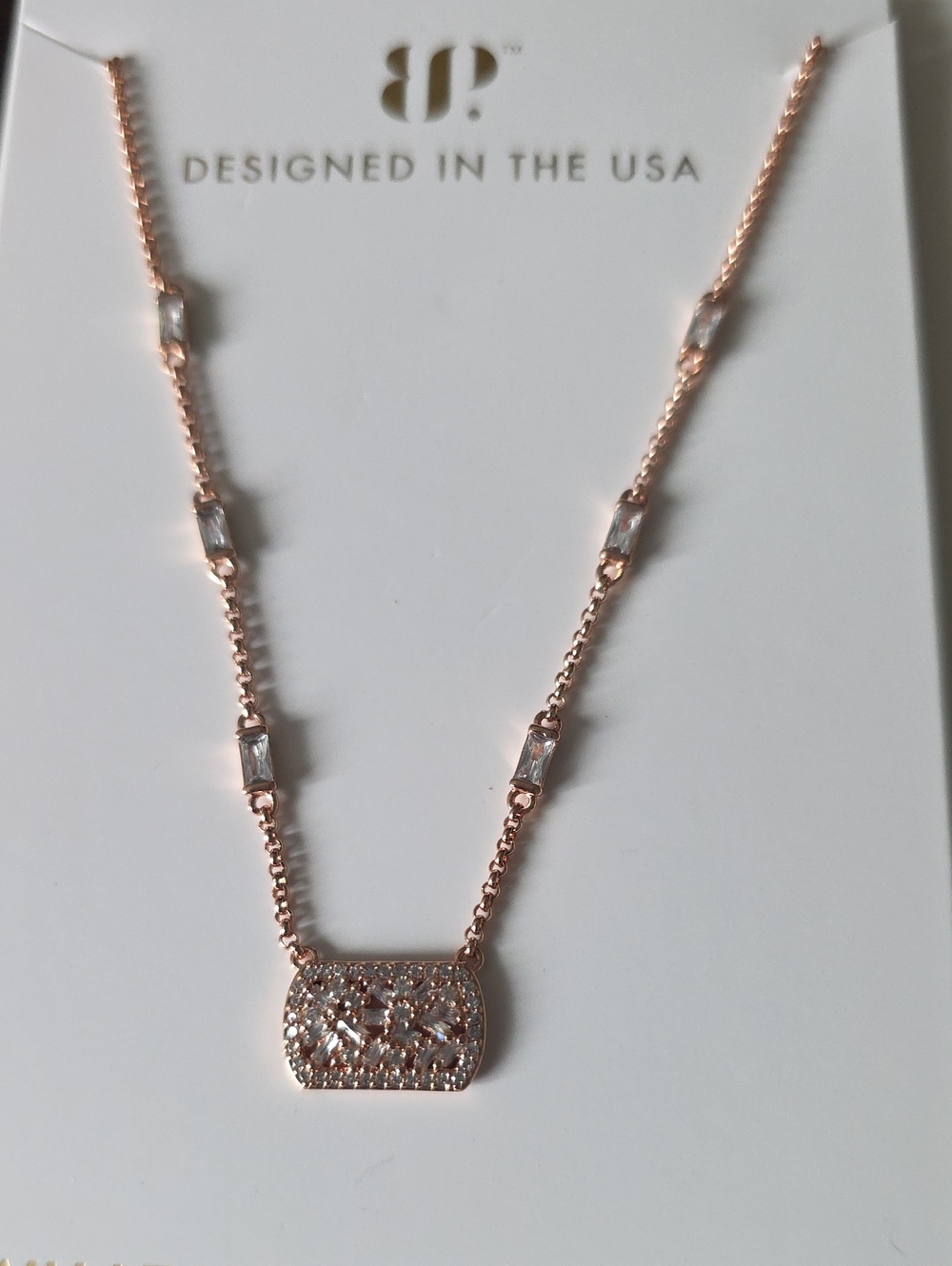 bp Rose Gold Pavé Rectangle Pendant Necklace with Clear Stones